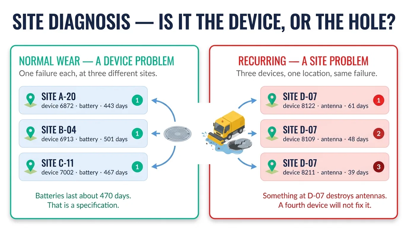 Site diagnosis: one failure each at three sites is normal wear; three identical failures at one site is a site problem