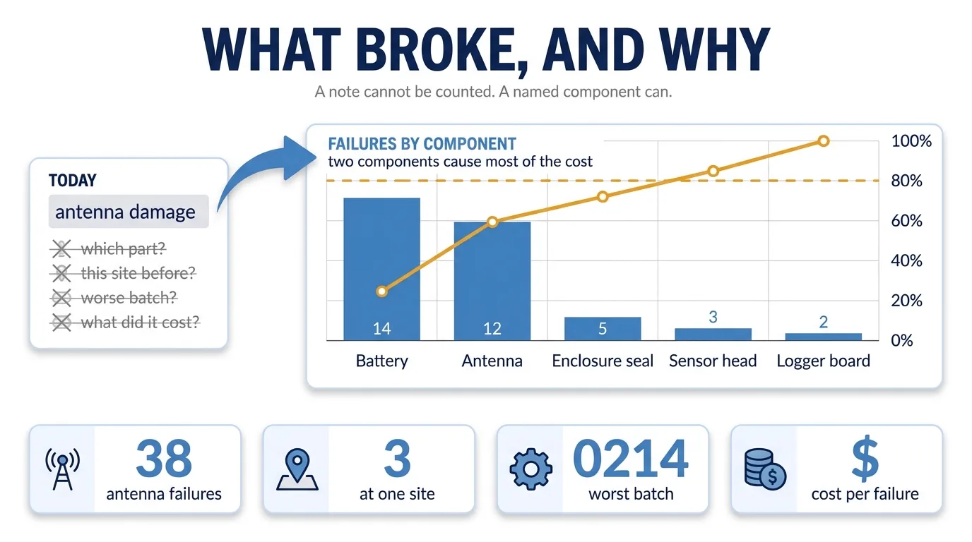 What broke and why: failures by component with a cumulative cost line — two components cause most of the cost